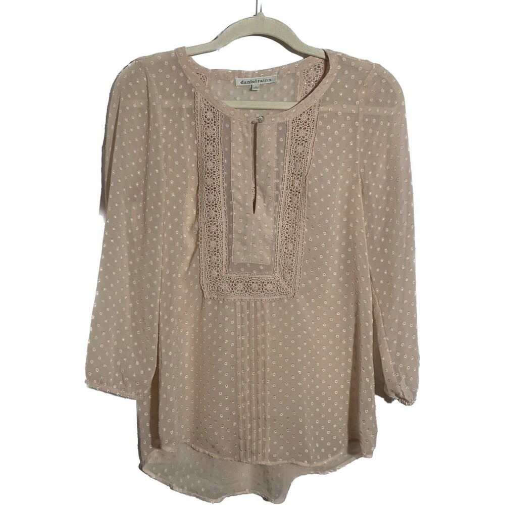 DANIEL RAINN Women's Size S Bohemian Blush Pink Swiss Dot High Low Sheer Blouse